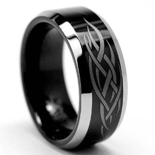 8MM Black Mens Tungsten Ring with Laser Etched Tribal Design Sizes 7 