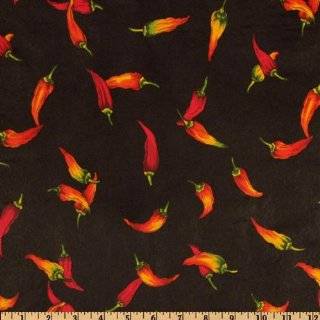  45 Wide Salsa Picante Red Hot Peppers Black Fabric By 