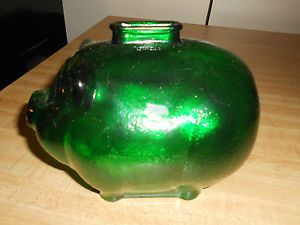Vintage Anchor Hocking Glass Piggy Bank Green Large
