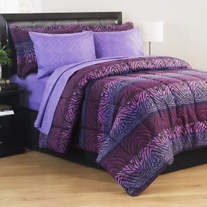 6pc Twin Teen Purple Zebra Animal Print Comforter Set w Sheets Black Blue Dorm
