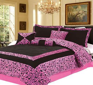 15pc Pink Animal Print Faux Fur Comforter w Matcing Curtain Set Queen