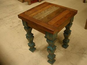 Rustic End Table 2 Turquoise Mexican Folk Art 18x18x22 in Old Doors Antique