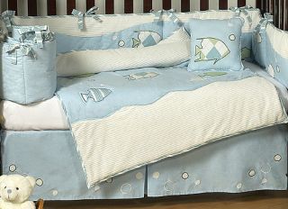 Designer Blue White Sea Ocean Fish Theme 9pc Baby Boy Crib Bedding Comforter Set