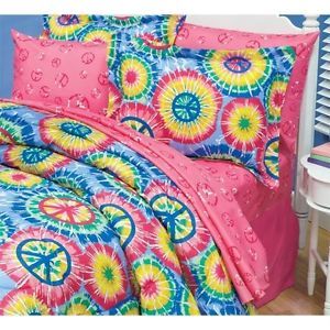 3 PC Teens Tie Dye Peace Sign Bed Comforter and Sham Set Full Queen