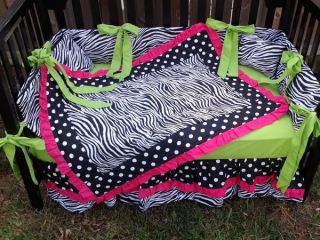 New Custom Hot Pink and Lime Green Polka Dot Zebra Crib Bedding Set Black White