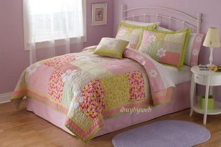 Julia Kids Girls Floral Flower Pink Green Bedding Full Queen Quilt 2 Shams New