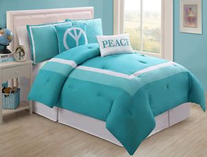 5 PC Twin Girls Reversible Turquoise Blue White Peace Bed in A Bag Comforter Set