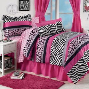 Teen Girl Pink Zebra Leopard Animal 6P Twin Single Size Comforter Bed in Bag Set