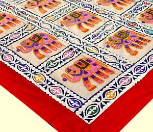 XL King Size Elephant Patch Embro Quilt Bedspread Bedding India Ethnic Handmade