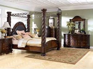 North Shore 5pcs Traditional Cherry King Canopy Marble Bedroom Set Furniture