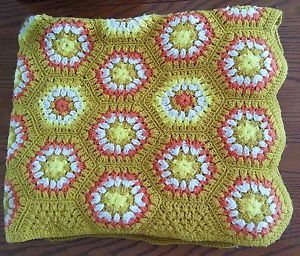 Vtg Handmade Crochet Granny Square Afghan Throw Blanket Afgan Autumn Colors