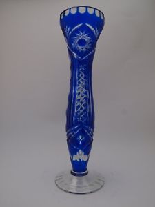 Vintage Bohemian Czech Glass Bud Vase Cobalt Blue Cut to Clear RARE