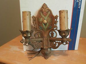 Beautiful Antique Wall Light Double Candle Sconce Cast Bronze Brass Floral
