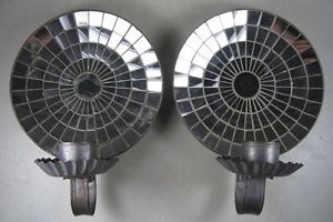 Antique Pair Tin Mirrored Candle Wall Sconce Convex Mirror