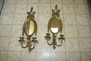 Vintage Solid Brass Oval Mirror Large Wall Mount Sconce Double Candle Holders