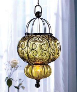 Exotic Blown Glass LED Tea Light Candle Pendent Elegant Sculpted Metal Frame
