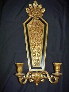 Tall Syroco Regency Style Gold and Black 2 Arm Wall Sconce Candle Holder Homco