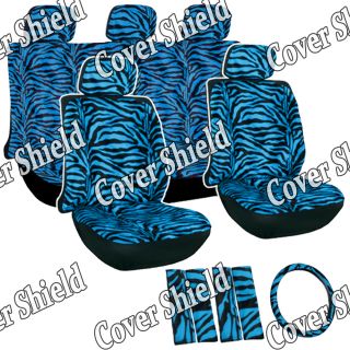 17pc Blue Zebra Tiger Animal Print Complete Car Seat Covers Full Set Head Rest
