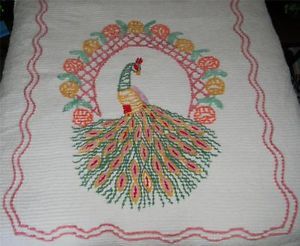 Vintage Peacock Chenille Bedspread Beautiful Queen 82" x 96" Shabby Chic