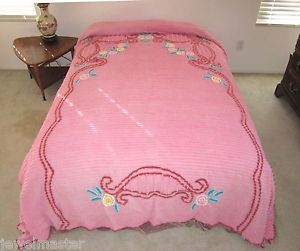 Vintage 1950's Pink Multi Floral Chenille Bedspread