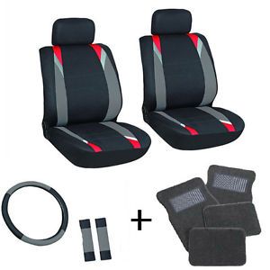 13pc Red Black Gray Front Bucket Chair Seat Cover Set Wheel Belt Floor Mats