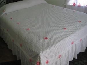 Vintage Chenille Bedspread White Pops Pink Posies Curtains Also Listed