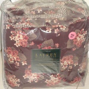 Ralph Lauren Brown Mauve King Comforter Set w Shams Bed Skirt Floral Check