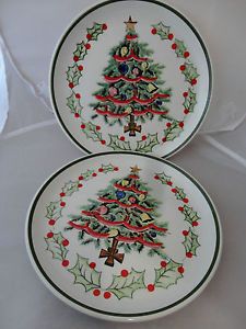Pair Geo Z Lefton Christmas Tree Plates Vintage Holiday Gold Star Holly Cerami