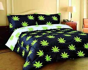 New Pot Marijuana Leaf Weed Comforter and Sheet Set Queen Size Bedding Black