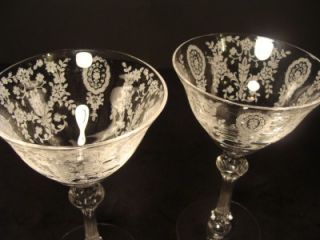 2 Vintage Etched Floral Crystal Glass Stemware Wine Glasses