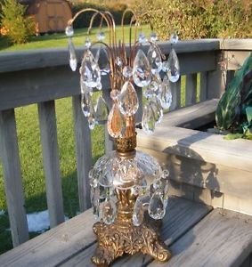 Antique Old Hollywood Regency Brass Crystal Cut Glass Prism Waterfall Table Lamp
