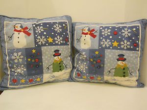 Pair Christmas Sofa Chair Accent Pillows Blue White Snowman Decorative Country