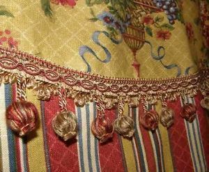 French Country Custom Valance Curtain Waverly Floral Toile Stripe Red Gold Trim