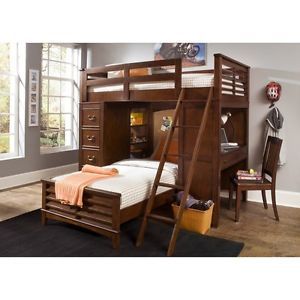 Twin Wood Bunk Bed Set Loft Ladder Shelves Bunkbed Desk Chair Dresser Drawers