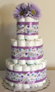 3 Tier Diaper Cake Lavender Purple Polka Dot Baby Shower Centerpiece Mod Mommy