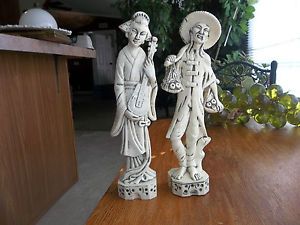 Pair of Oriental Man Woman Celluloid Plastic Figurines Made in Hong Kong
