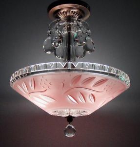 Vintage Art Deco Semi Flush Mount Pink Shade Ceiling Light Fixture Chandelier