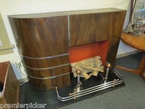Art Deco Fireplace Mantel with Chrome Copper Andirons and Fender Eames Era