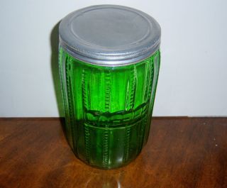 Antique Vintage Hoosier Cabinet Style Green Zipper Glass Coffee Canister RARE