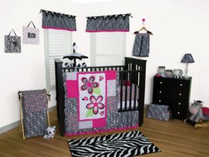 Pink Black Zebra Print Ladybug Flowers Baby Girl 4 PC Crib Nursery Bedding Set