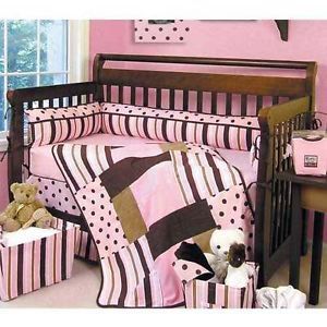Maya Pink Brown Polka Dot Stripe Baby Girl Infant 4 PC Nursery Crib Bedding Set