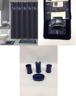 22pc Bath Accessories Ceramic Set Beverly Navy Blue Bathroom Rugs Shower Curtain