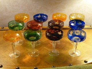 German Handblown Colored Cut Crystal Glass Wine Goblets Stemware Set of 12