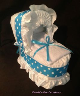 Blue White Polka Dot Print Bassinet Diaper Cake Centerpiece Baby Shower Gift