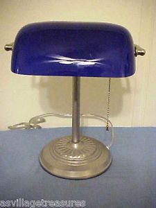 Gorgeous Cobalt Blue Glass Chrome Design Antique Style Bankers Desk Lamp