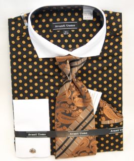 New Avanti Uomo Fashion Dress Shirt w Tie and Cufflinks Black Brown Polka Dots