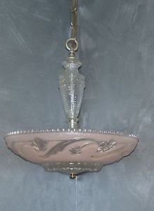 Vintage Art Deco Ceiling Lamp Light Chandelier Gorgeous Pink Glass Shade
