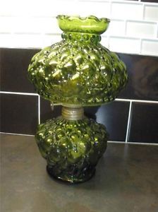Antique Miniature Green Quilted Pattern Glass Oil Lamp And Shade Nutmeg Burner
