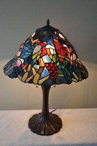 Antique Tiffany Stained Glass Lamp Shade w Flowers Birds Berries