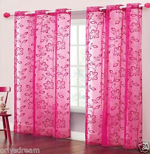 Two Panels Flocked Texture Grommet Panels Sheer Fabric Curtain Set Hot Pink